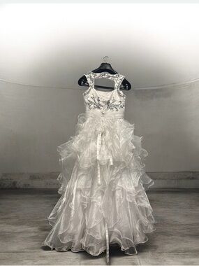 White Ruffled Organza Formal Dress with Beaded Bodice